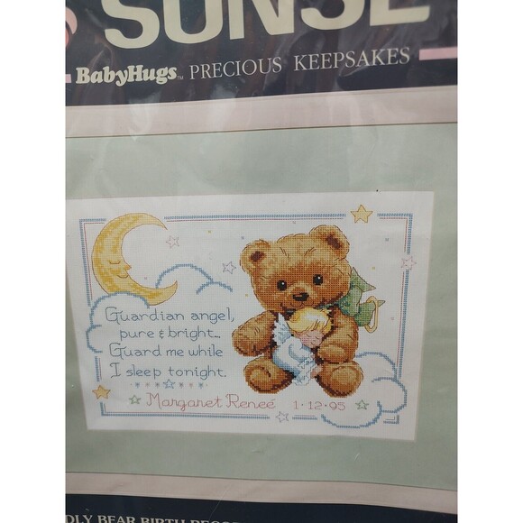 Dimensions Sunset Counted Cross Stitch Kit Cuddly Bear Birth Record  13591 Vtg - Picture 5 of 10